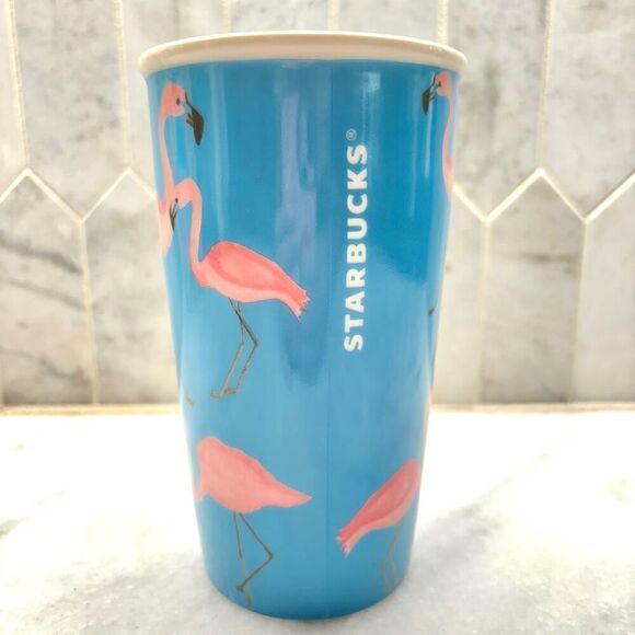 Rare Vintage Starbucks 2015 Florida Flamingos Dot Collection Ceramic Tumbler Blu - Picture 2 of 7